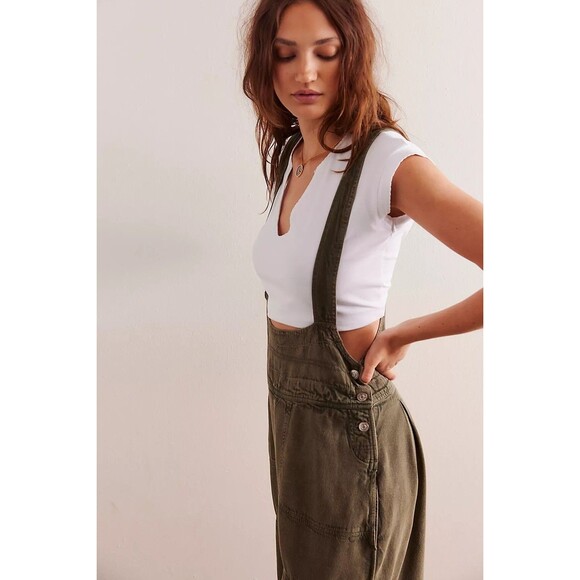 Free People We The Free Felix Tapered Overalls Jumpsuit Pinafore Olive M 282731 - Picture 2 of 11